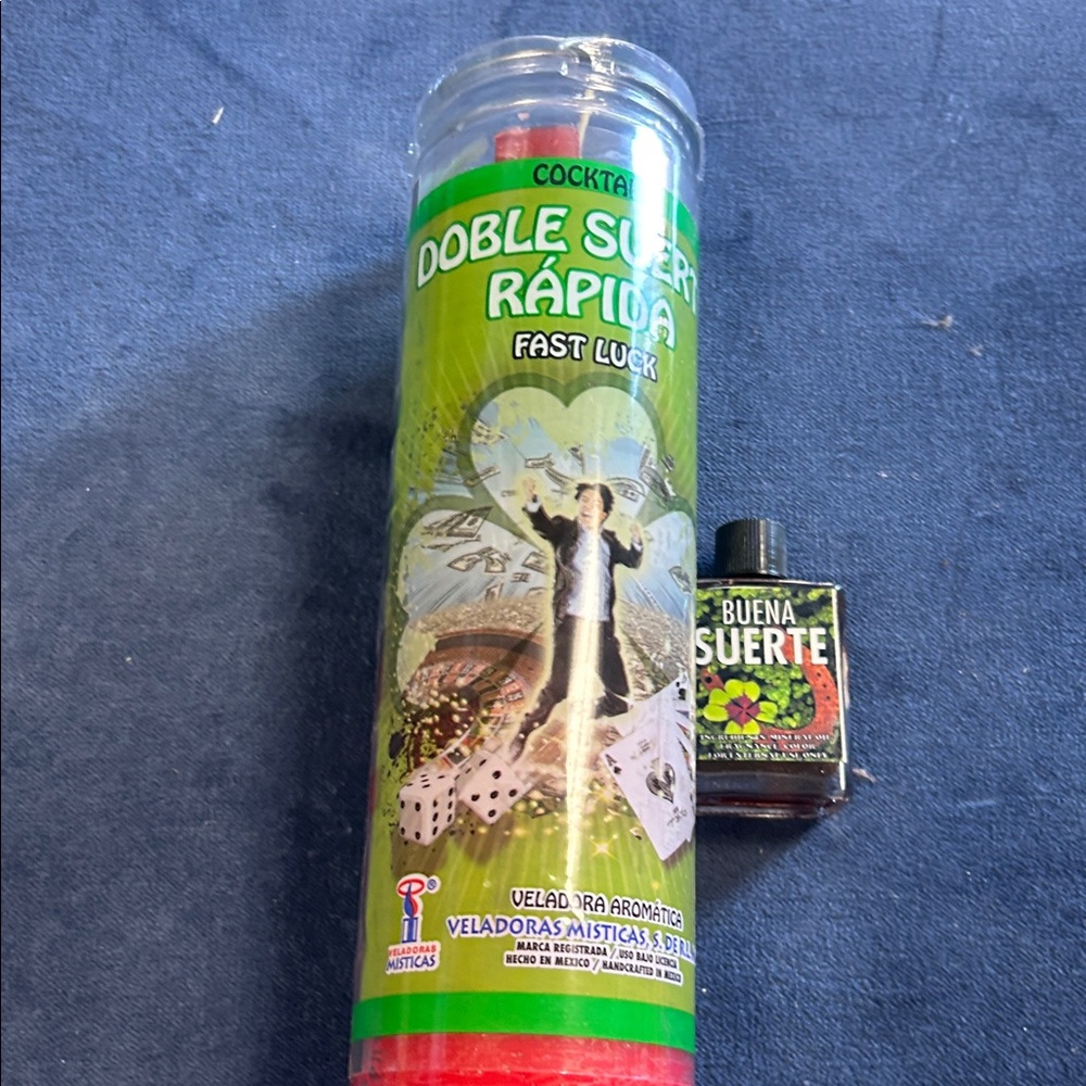 Veladora Double Suerte Rápida preparada con polvos y aceite lista para encender